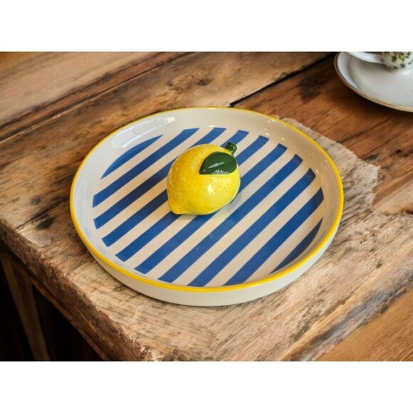 Other - New Blue & White Stripped Country Farmhouse Lemon Large Ceramic Trinket Tray
